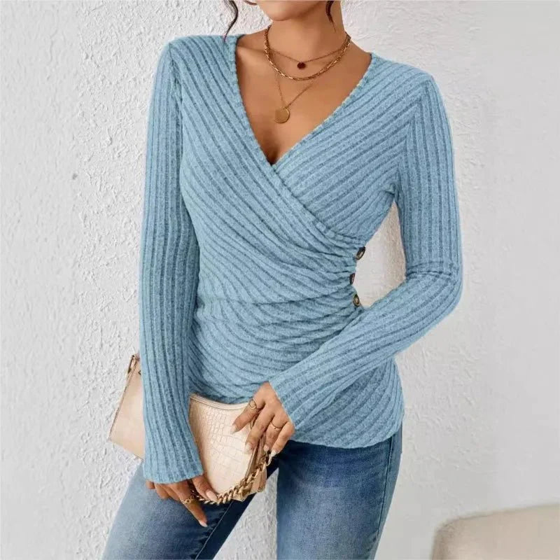Ribbed Wrap V-Neck Long Sleeve Top