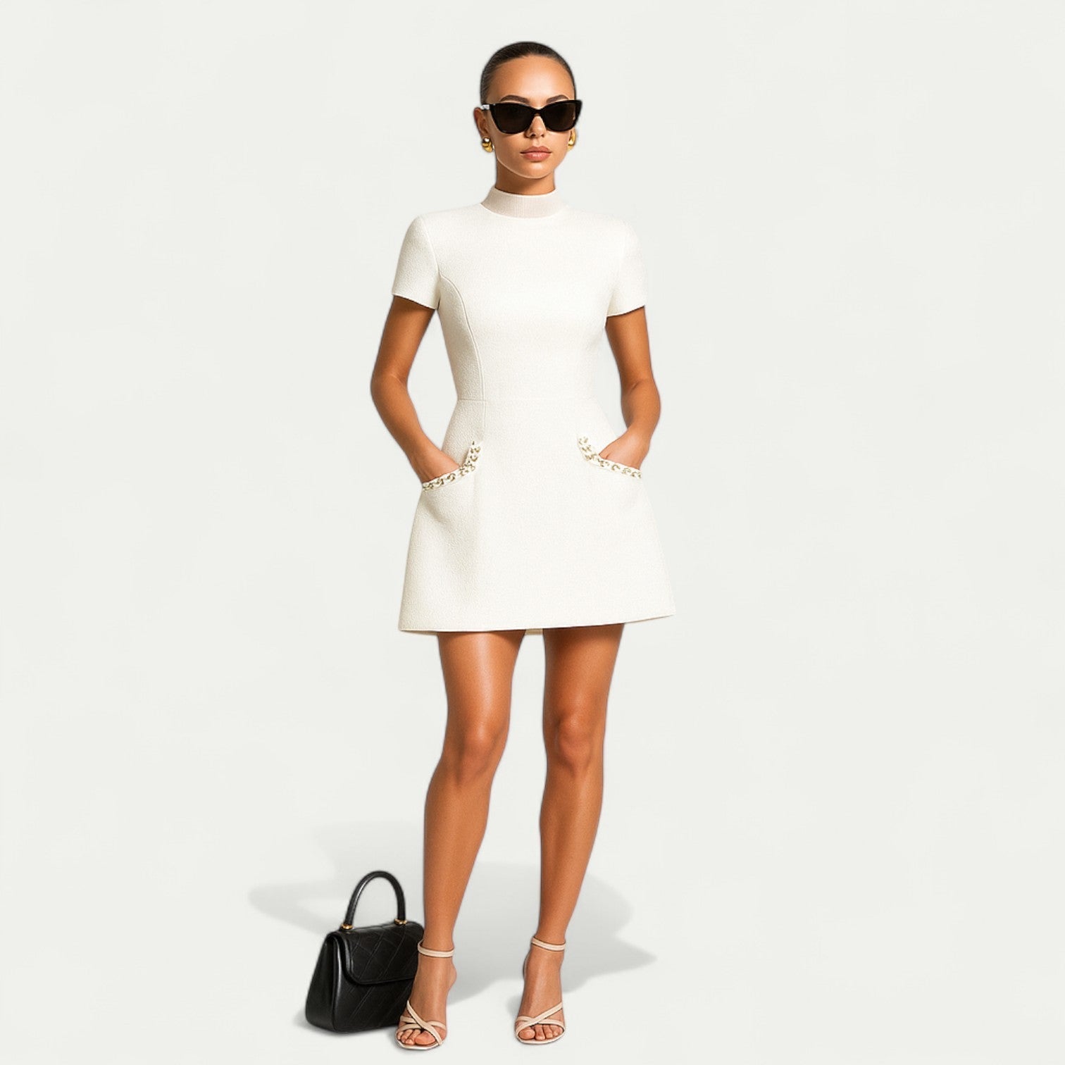 Short Sleeve Pearl Trim Mini Dress With Pockets