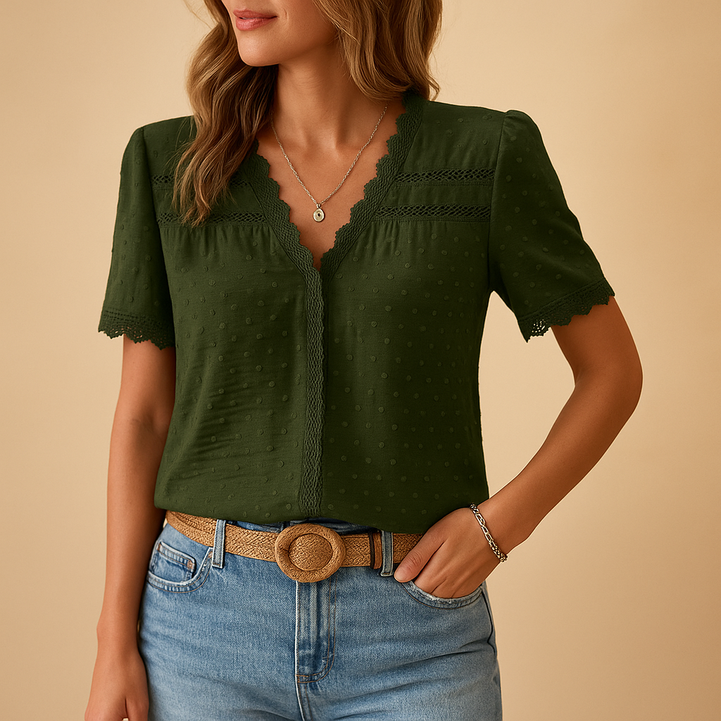 Women's V-Neck Short Sleeve Lace Trim Blouse