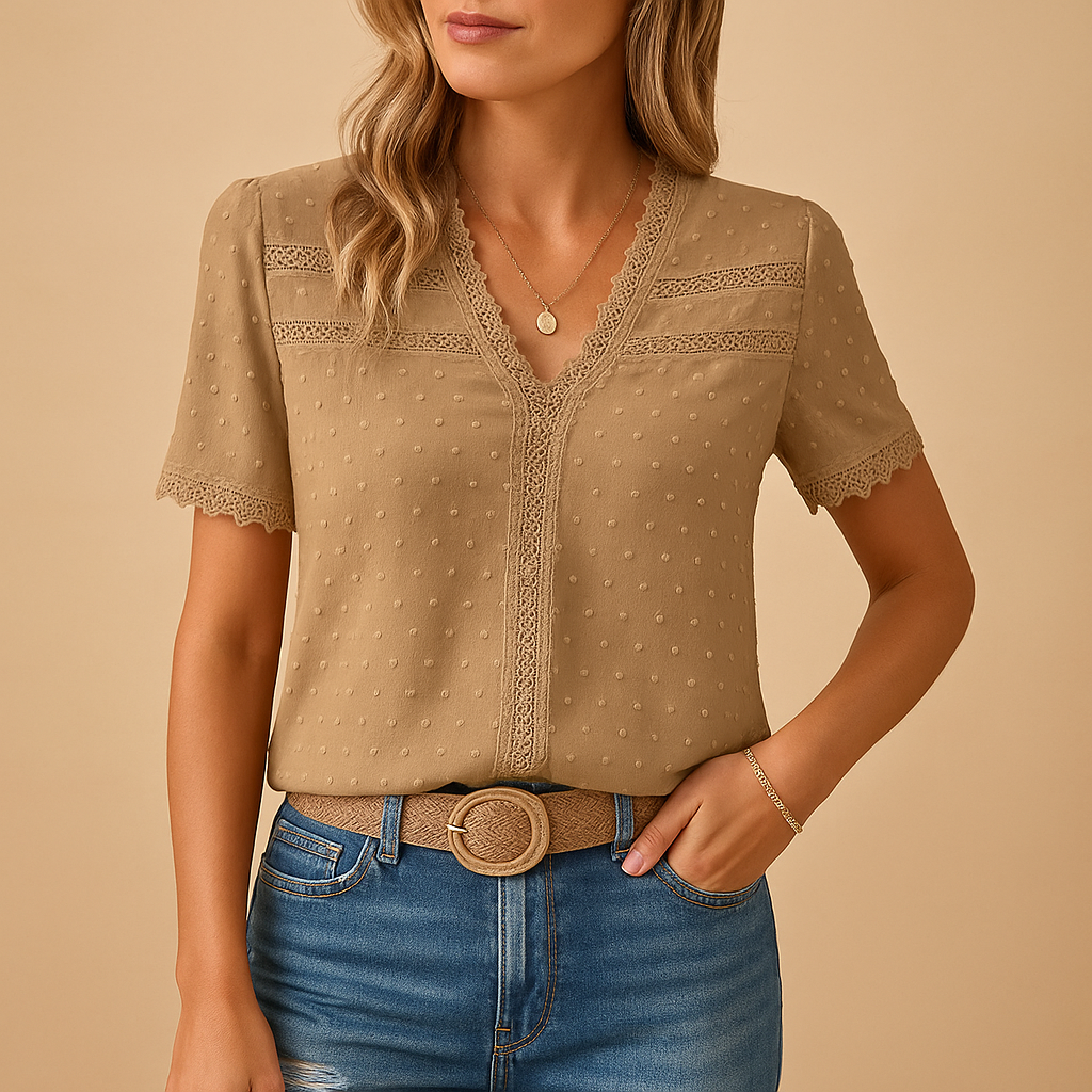 Women's V-Neck Short Sleeve Lace Trim Blouse