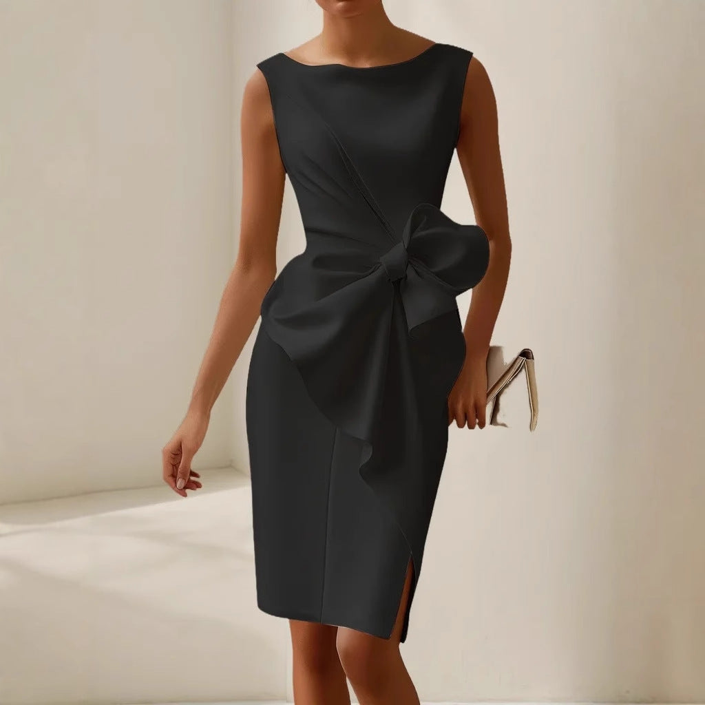 Sleeveless Boat Neck Midi Dress with Side Bow Detail