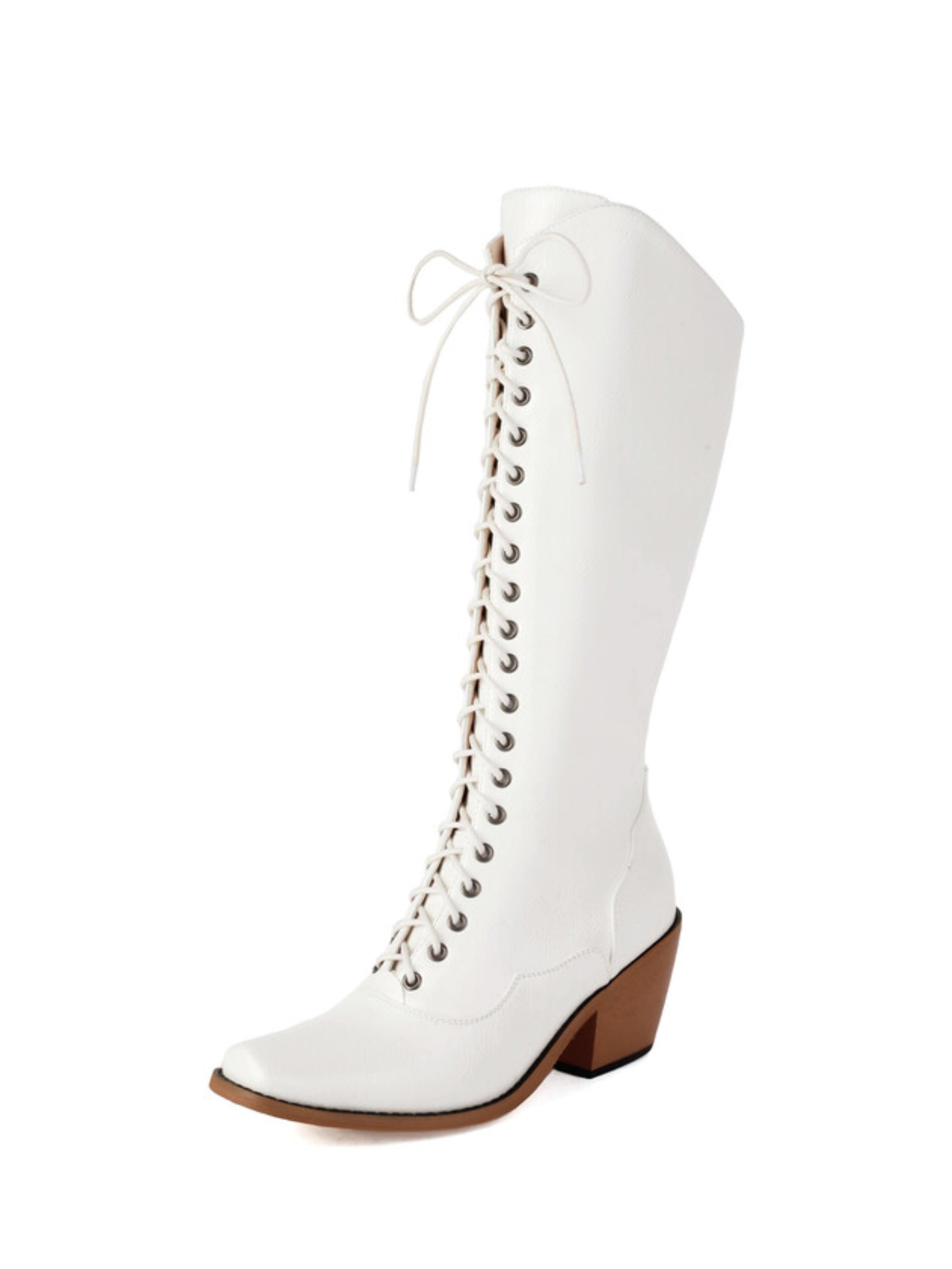 White Knee High Square Toe Cowgirl Boots with Lace Up
