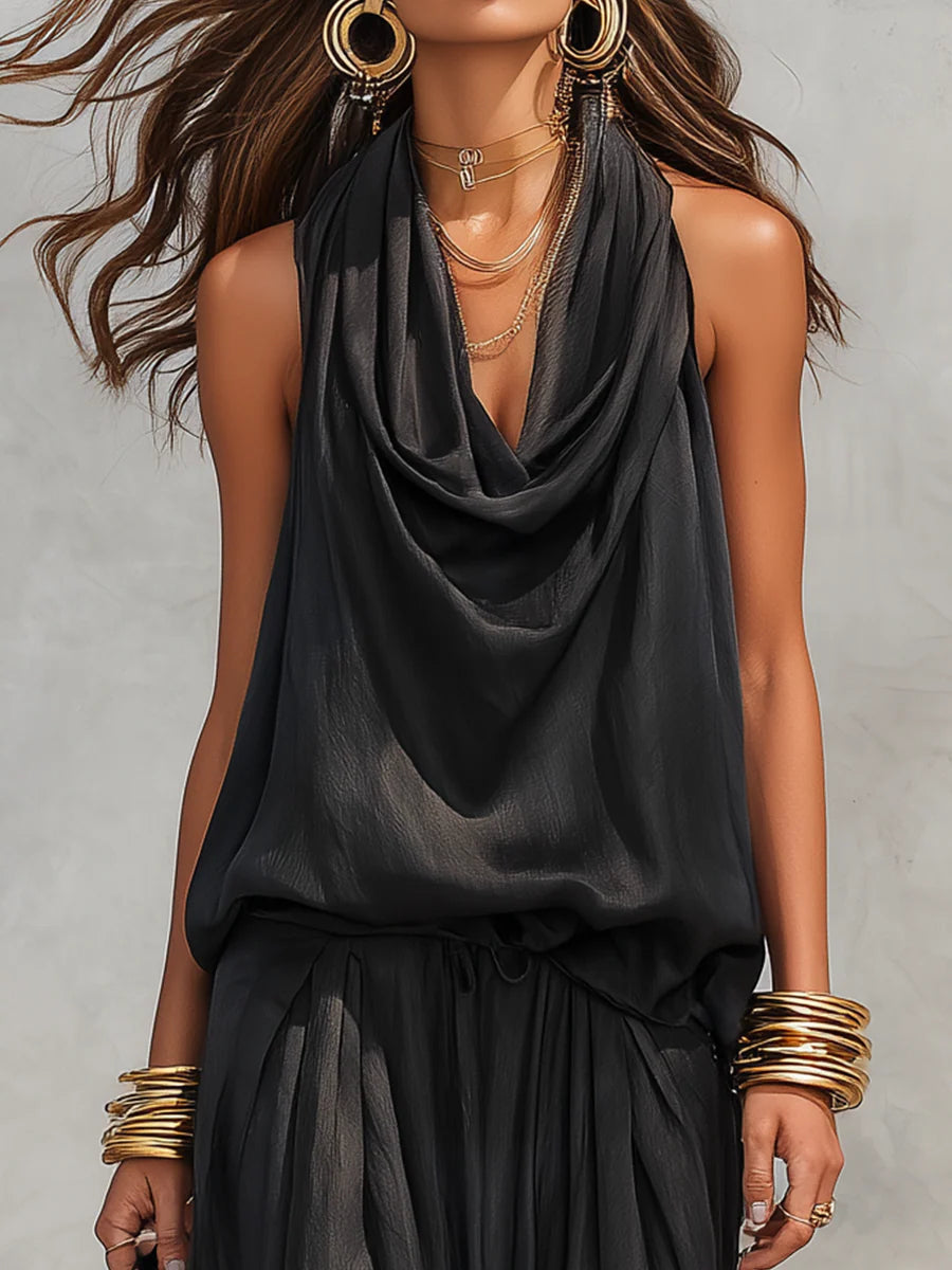Draped Halter Top and Harem Trousers Set
