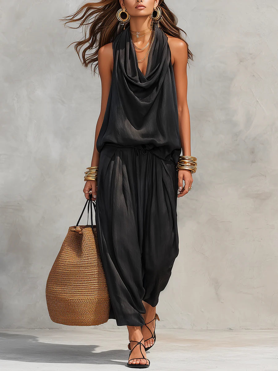 Draped Halter Top and Harem Trousers Set