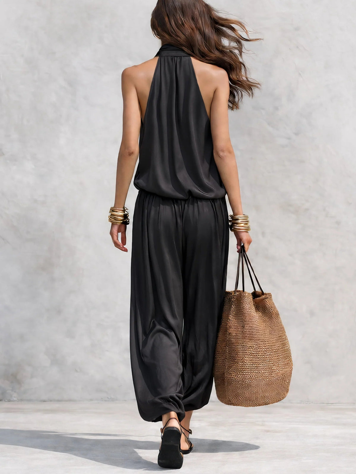 Draped Halter Top and Harem Trousers Set