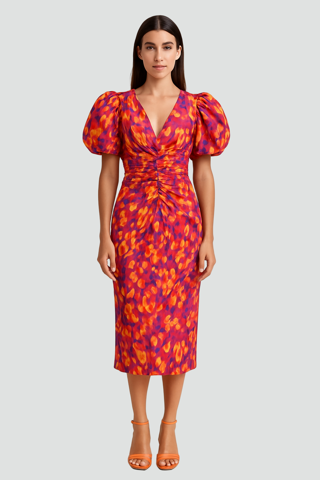 Puff Sleeve Deep V-Neck Midi Dress Floral Print