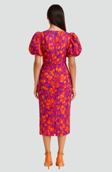 Puff Sleeve Deep V-Neck Midi Dress Floral Print