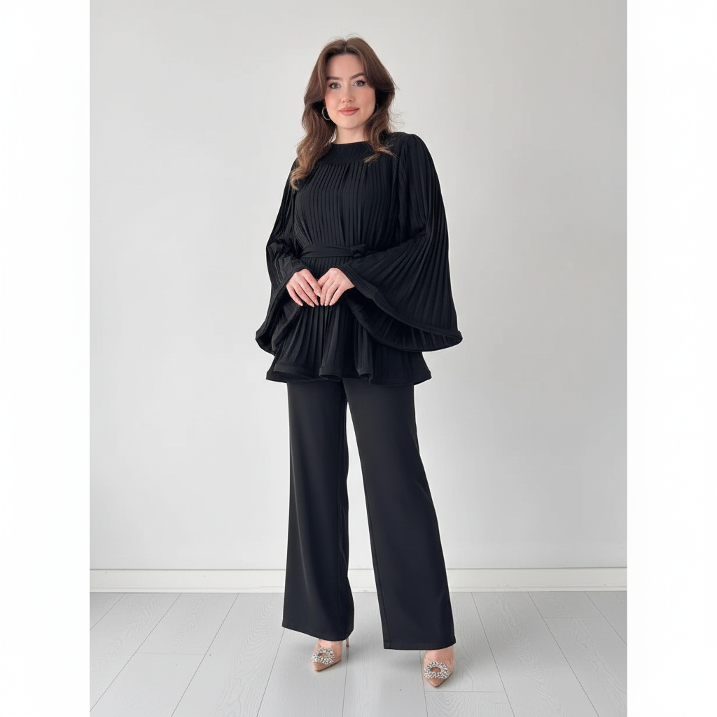 Pleated Blouse Wide Leg Two-Piece Set