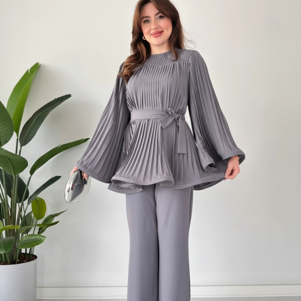 Pleated Blouse Wide Leg Two-Piece Set