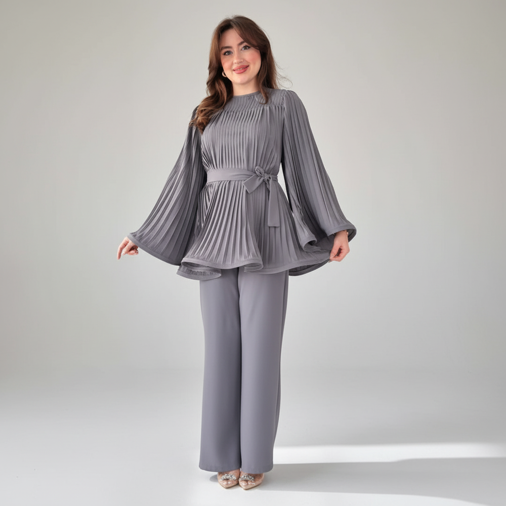 Pleated Blouse Wide Leg Two-Piece Set