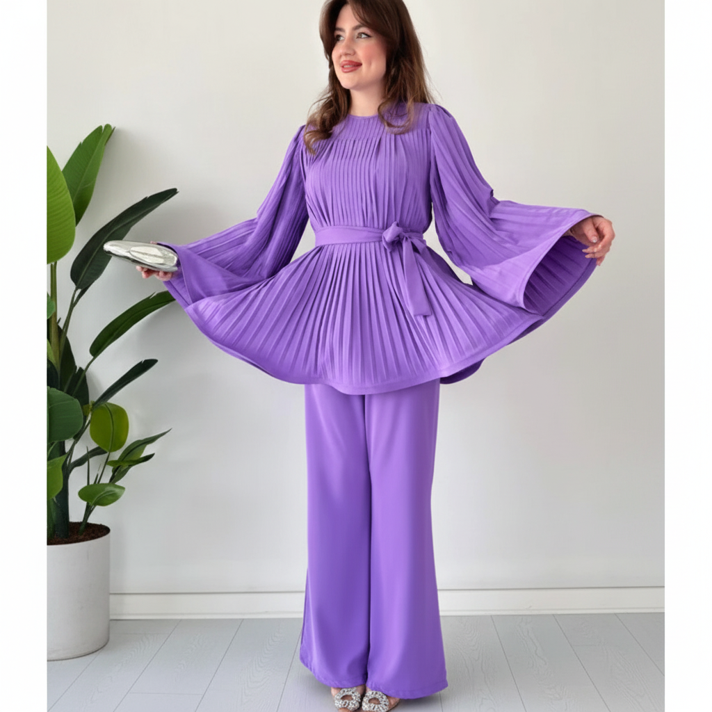 Pleated Blouse Wide Leg Two-Piece Set