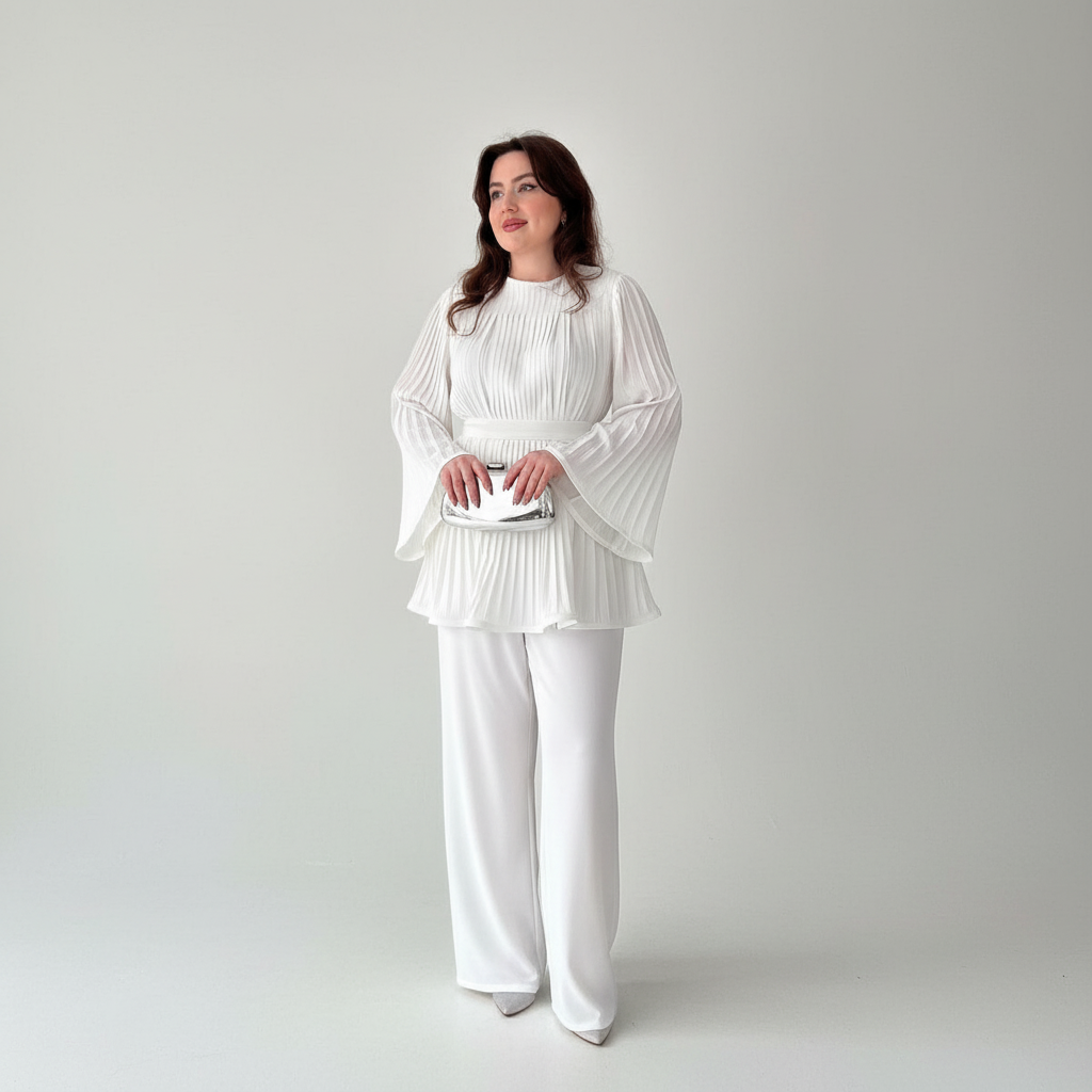 Pleated Blouse Wide Leg Two-Piece Set