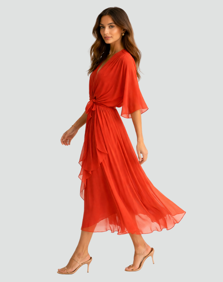 Wrap Neckline Midi Dress With Tie Waist
