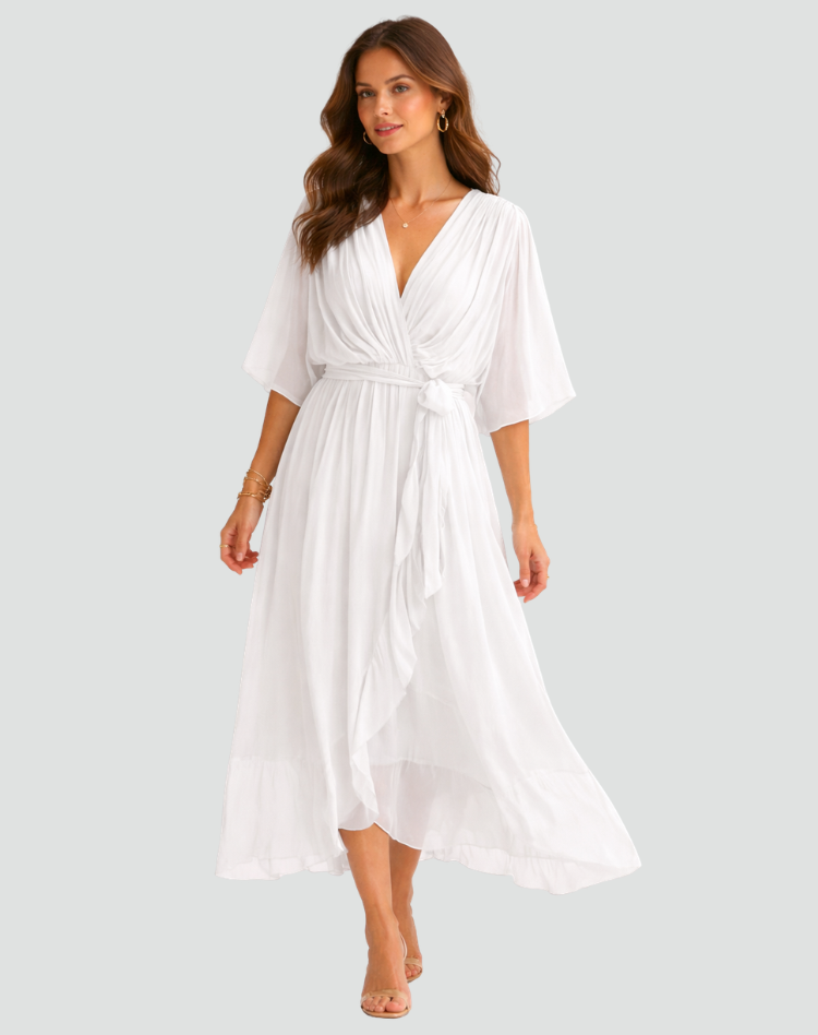 Wrap Neckline Midi Dress With Tie Waist