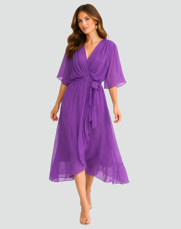 Wrap Neckline Midi Dress With Tie Waist