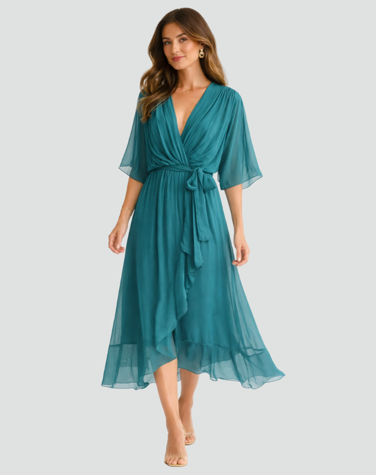 Wrap Neckline Midi Dress With Tie Waist