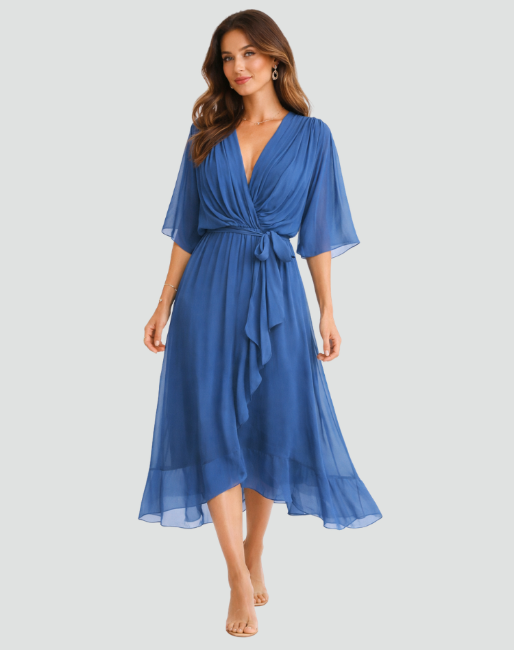 Wrap Neckline Midi Dress With Tie Waist