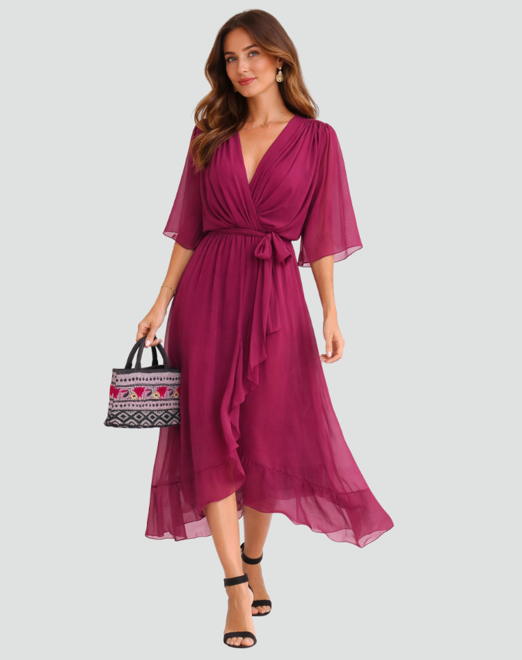 Wrap Neckline Midi Dress With Tie Waist