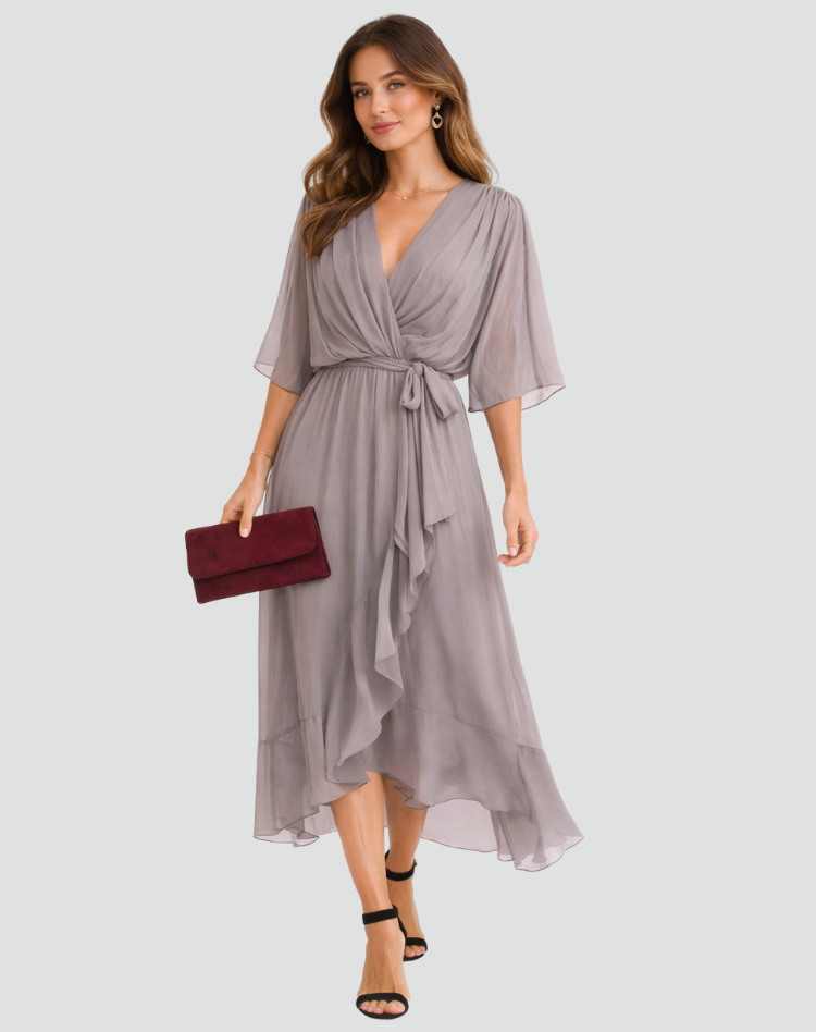 Wrap Neckline Midi Dress With Tie Waist