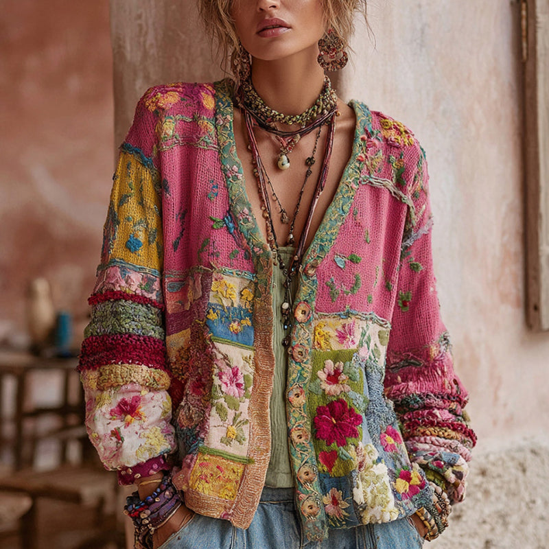 Floral Embroidered V-Neck Knit Cardigan