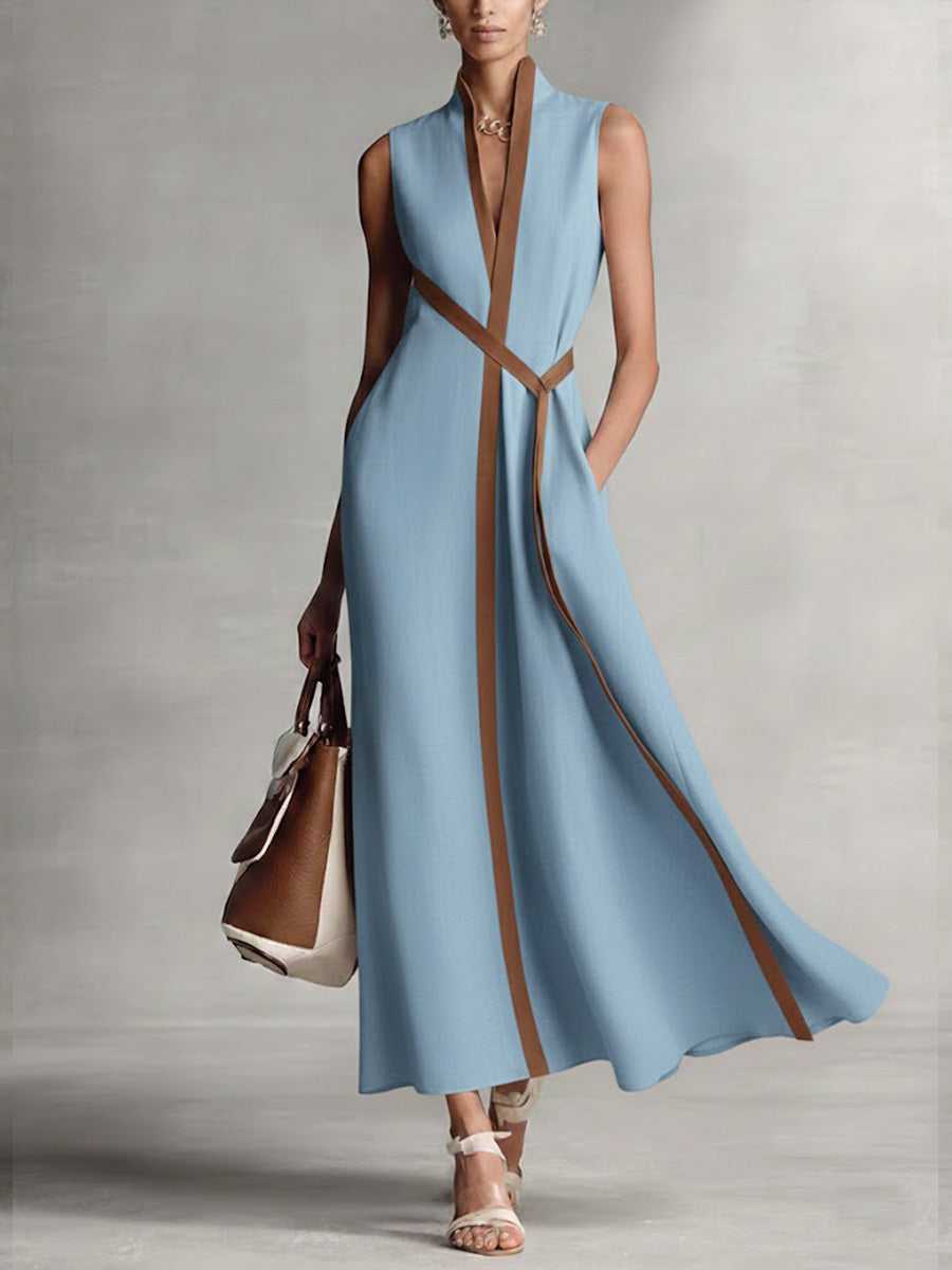 Sleeveless Linen Blend Midi Dress With Mandarin Collar