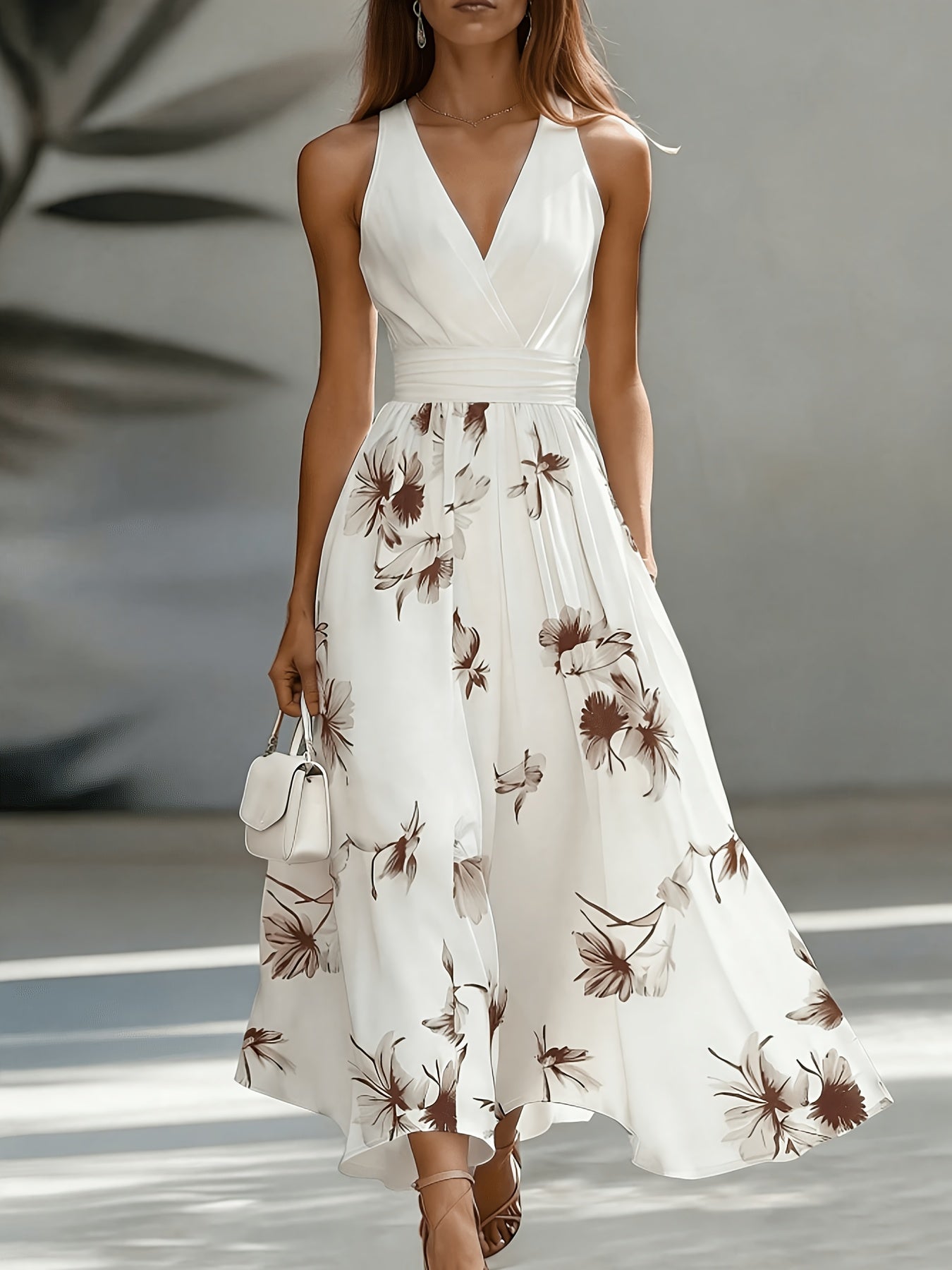 Backless Floral Patchwork Ruched Flared Maxi Dress