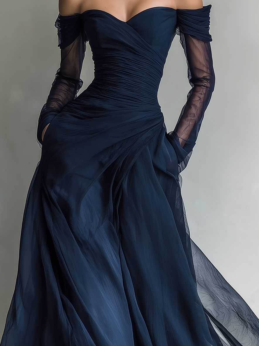 Off-Shoulder Fitted Chiffon Organza Maxi Dress