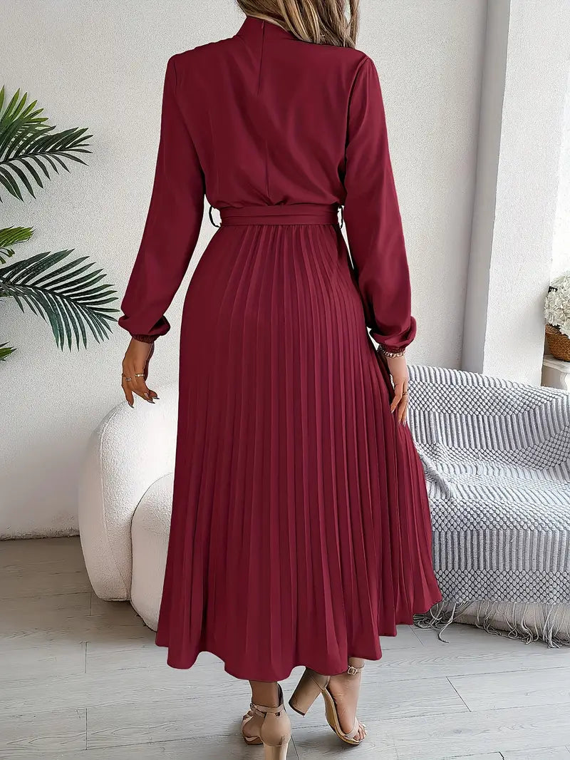 Belted Pleated Midi Dress with Long Sleeves