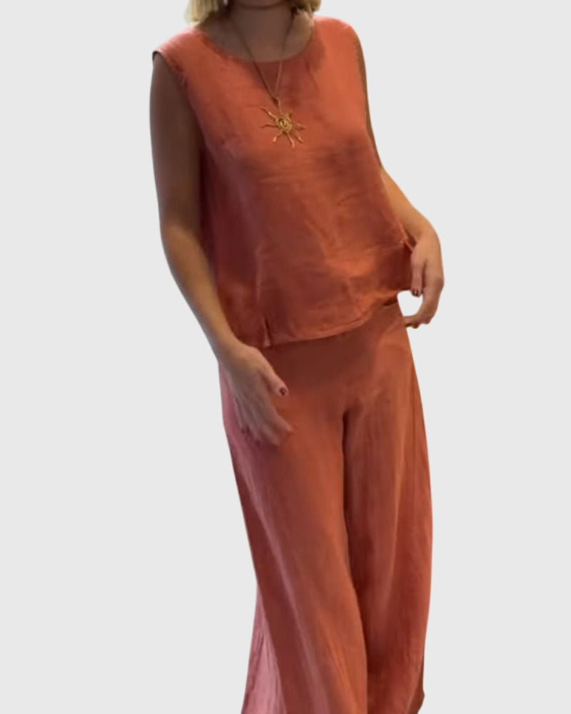 Sleeveless Top And Wide Leg Pants Boho Set