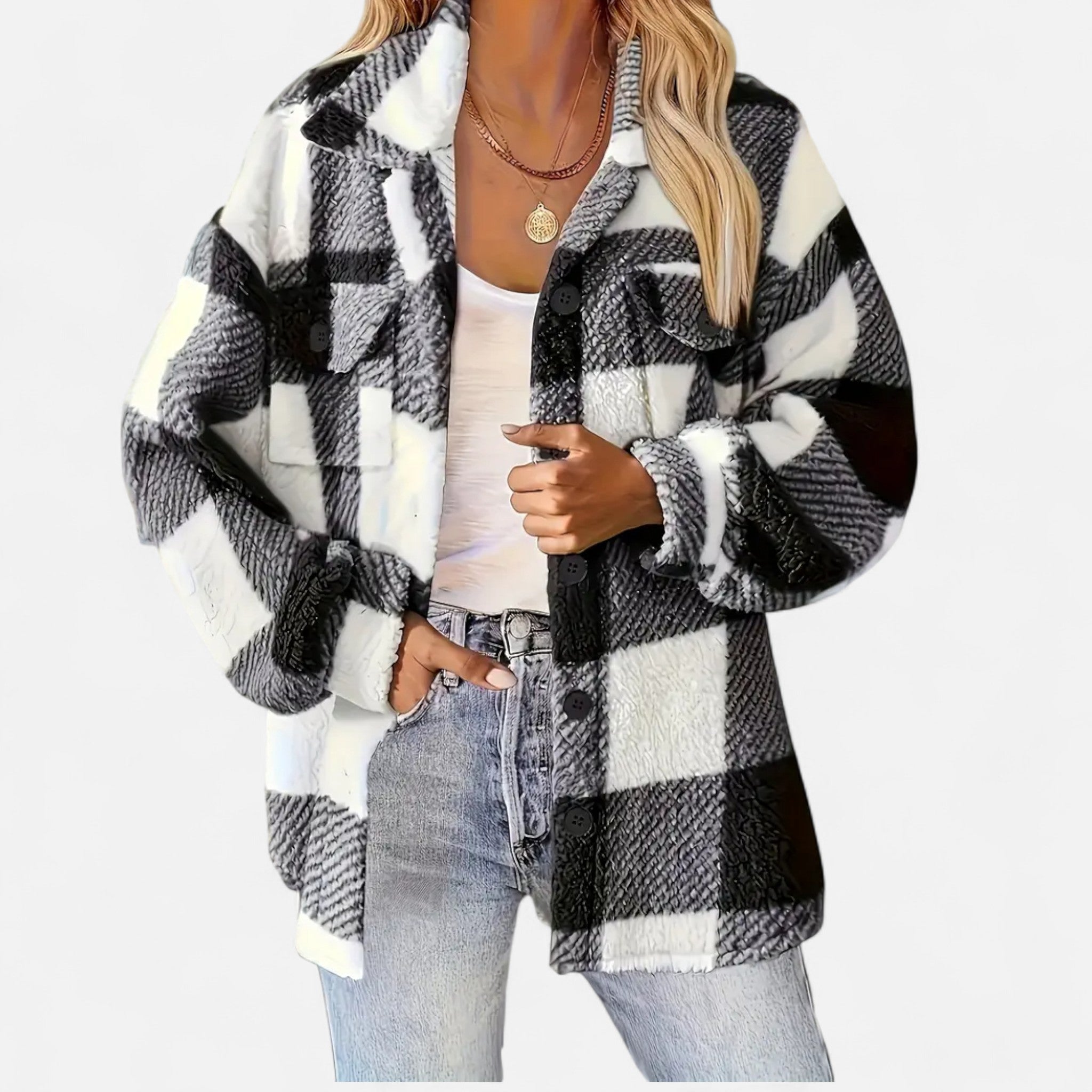 Sophie Laurent Plush Checkered Sherpa Jacket
