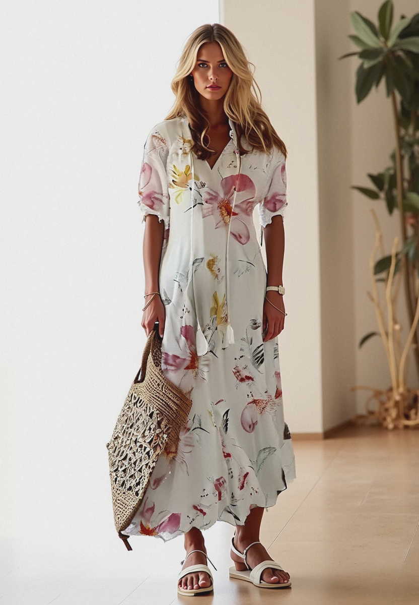 Boho Maxi Dress for Women - V-Neck Flowy Lightweight Summer Dress