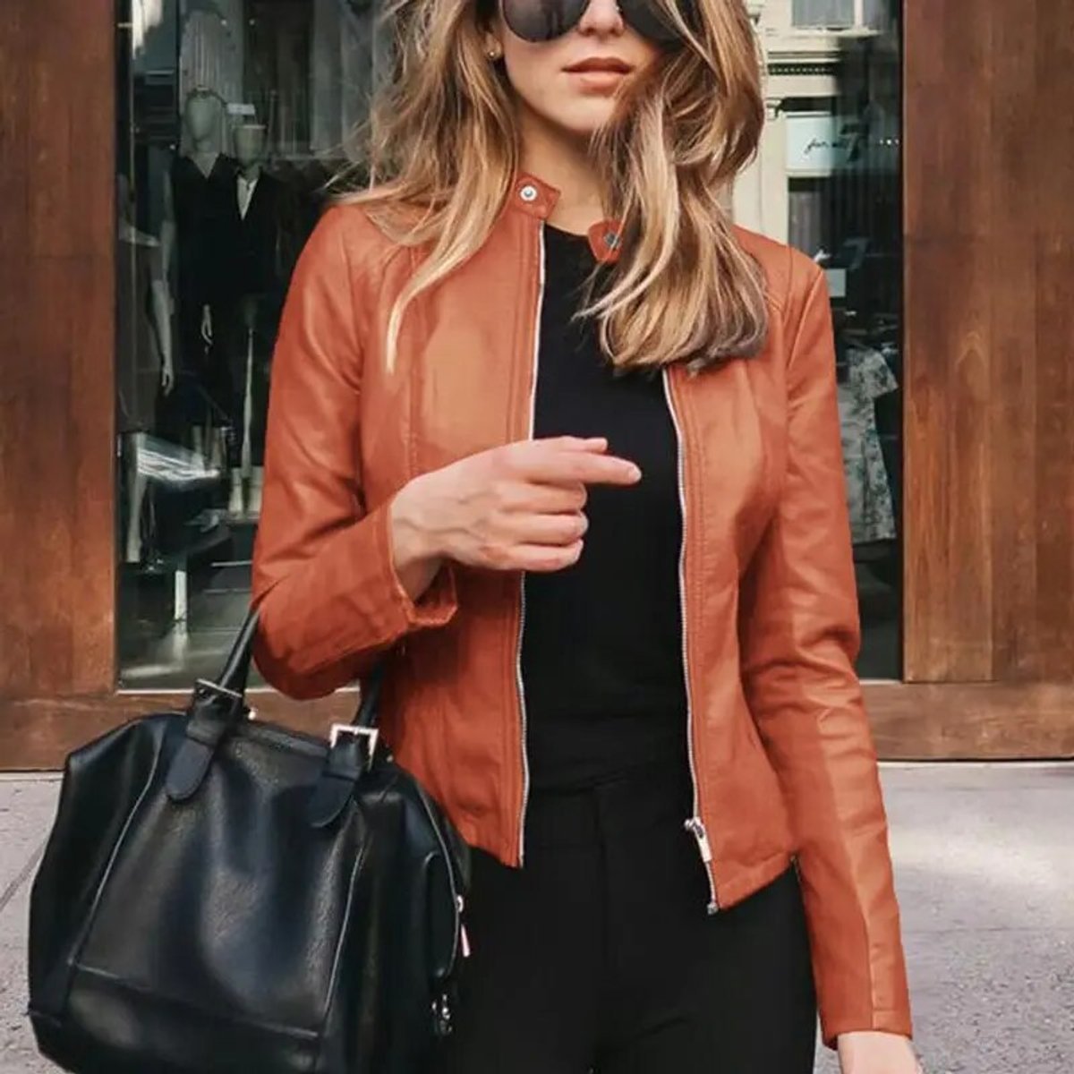 Cropped Stand Collar Faux Leather Zip Jacket