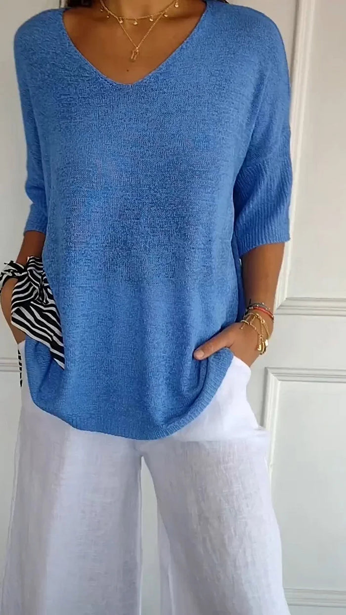 V-Neck Knit Top With Relaxed Fit