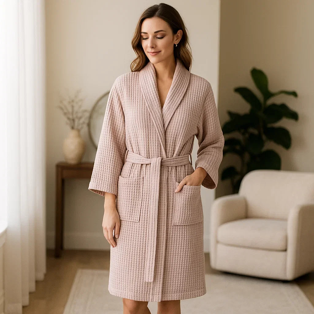 Pure Cotton Waffle Robe With V Neckline