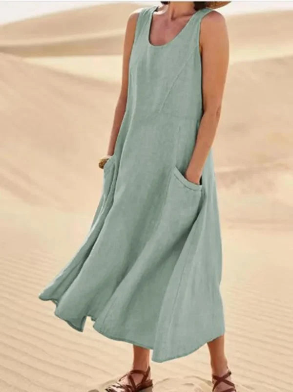 Relaxed Linen Midi Dress With Side Pockets