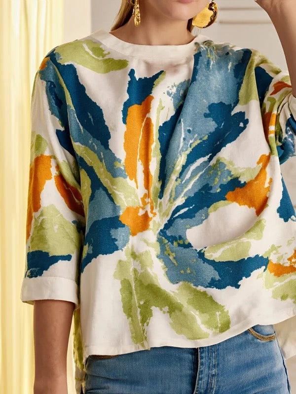Contrast Floral Print Round Neck Top