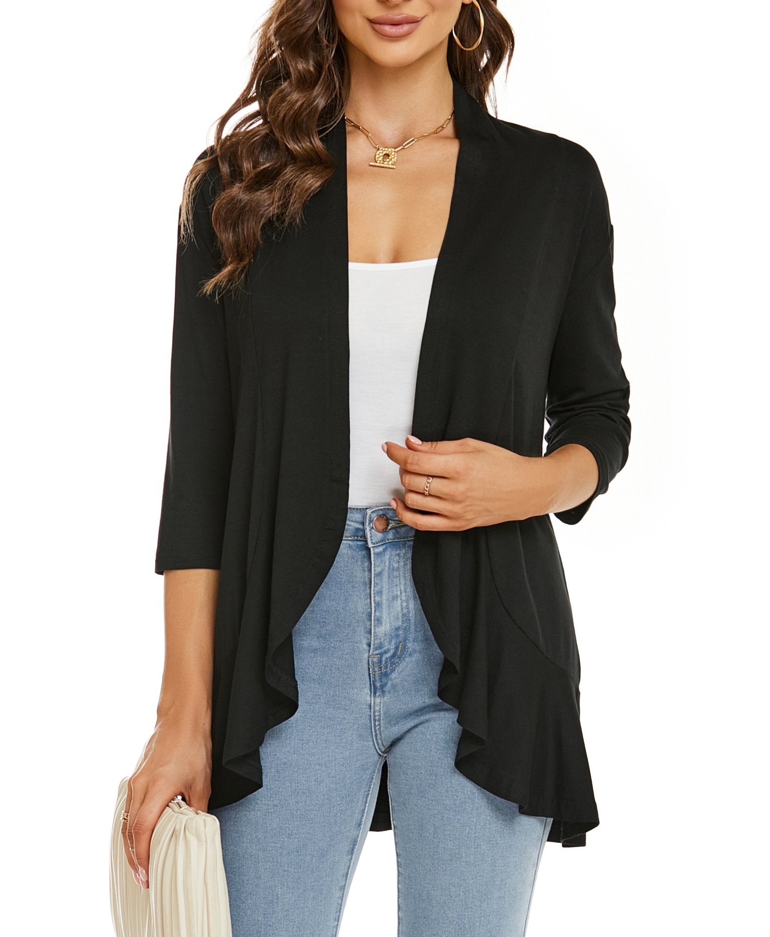 Open Front Draped 3/4 Sleeve Lightweight Cardigan