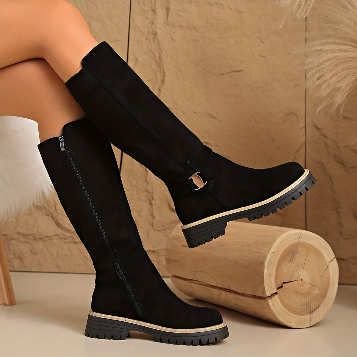 Knee-High Boots with Block Heel and Lug Sole