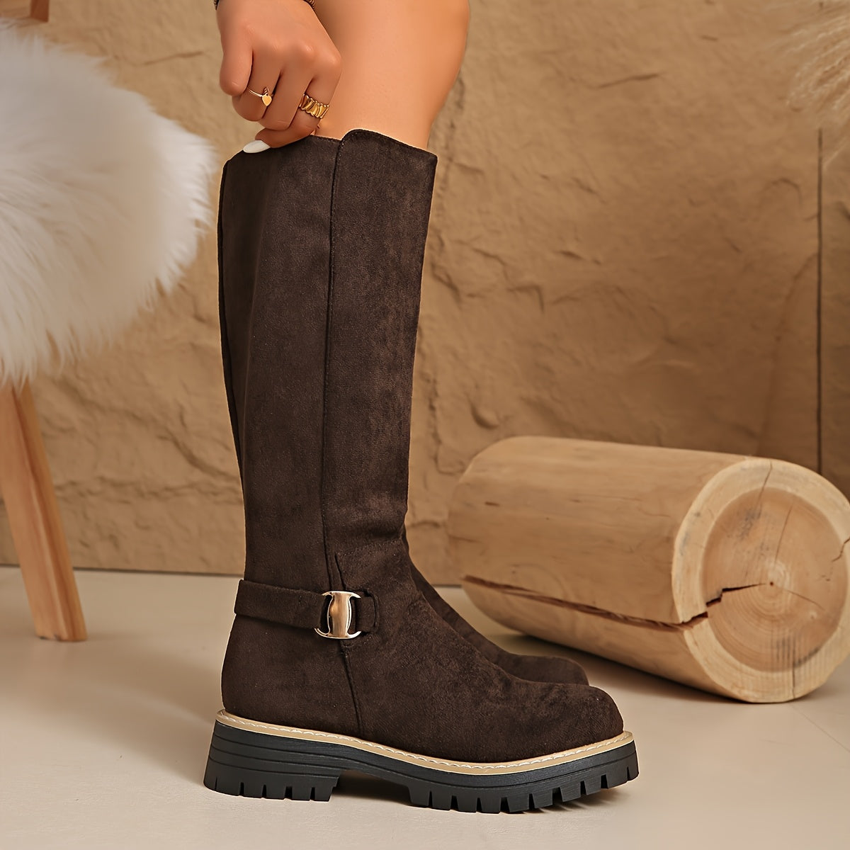 Knee-High Boots with Block Heel and Lug Sole