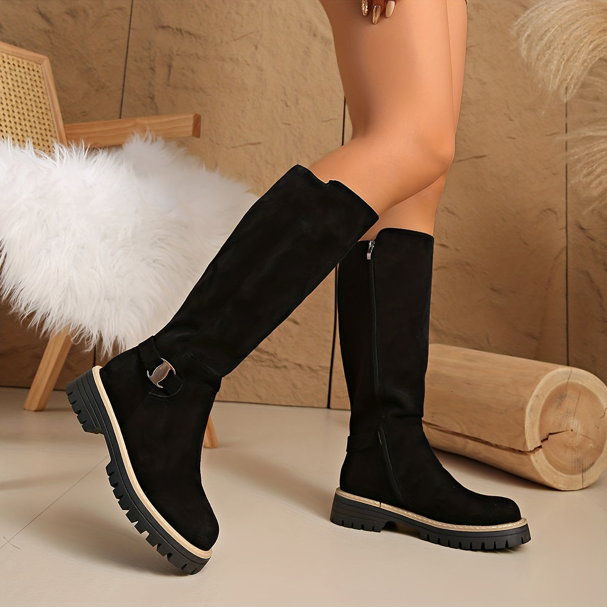 Knee-High Boots with Block Heel and Lug Sole