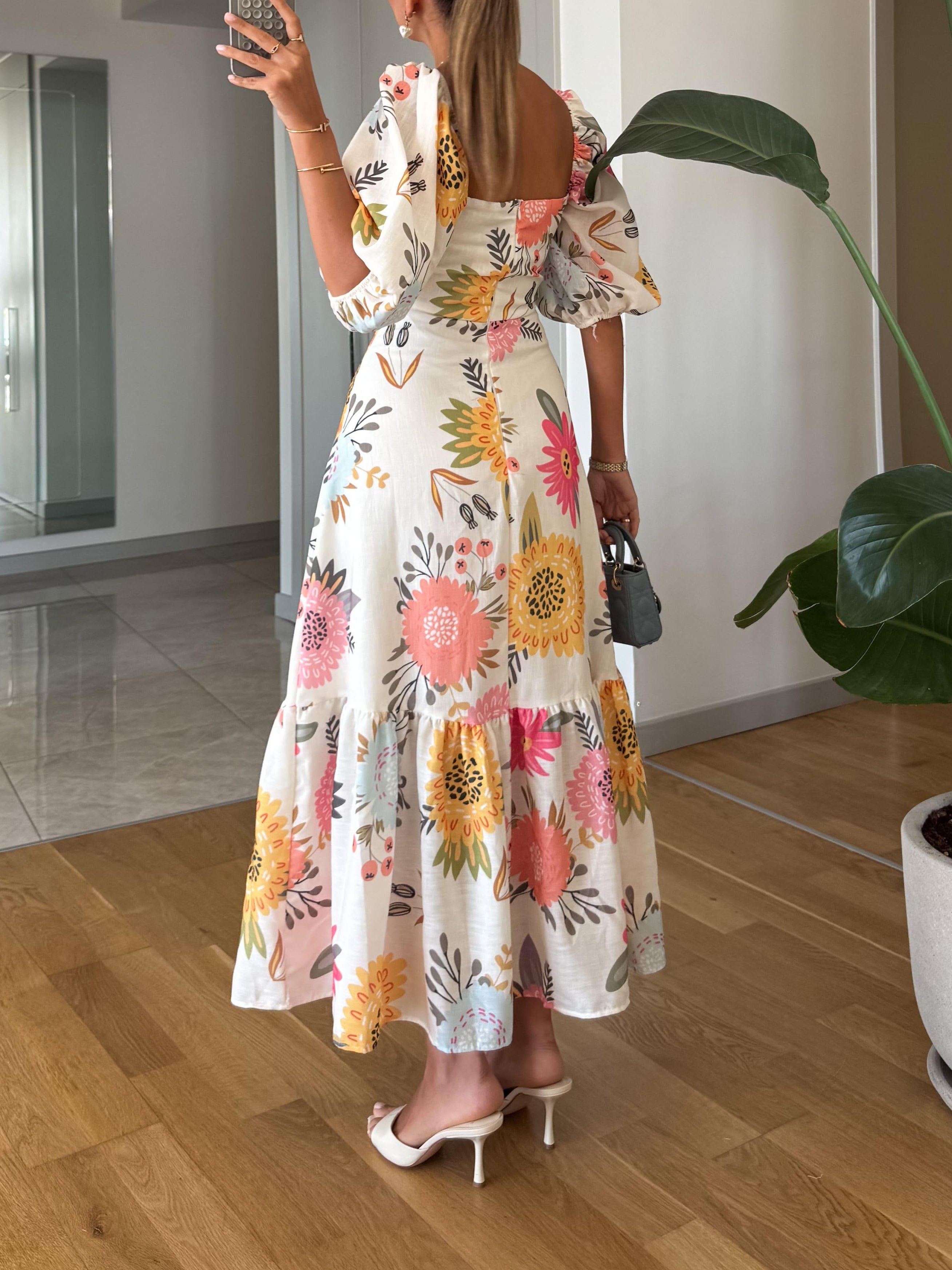 Floral A-Line Midi Dress – Square Neckline – Puff Sleeves – Tie Waist