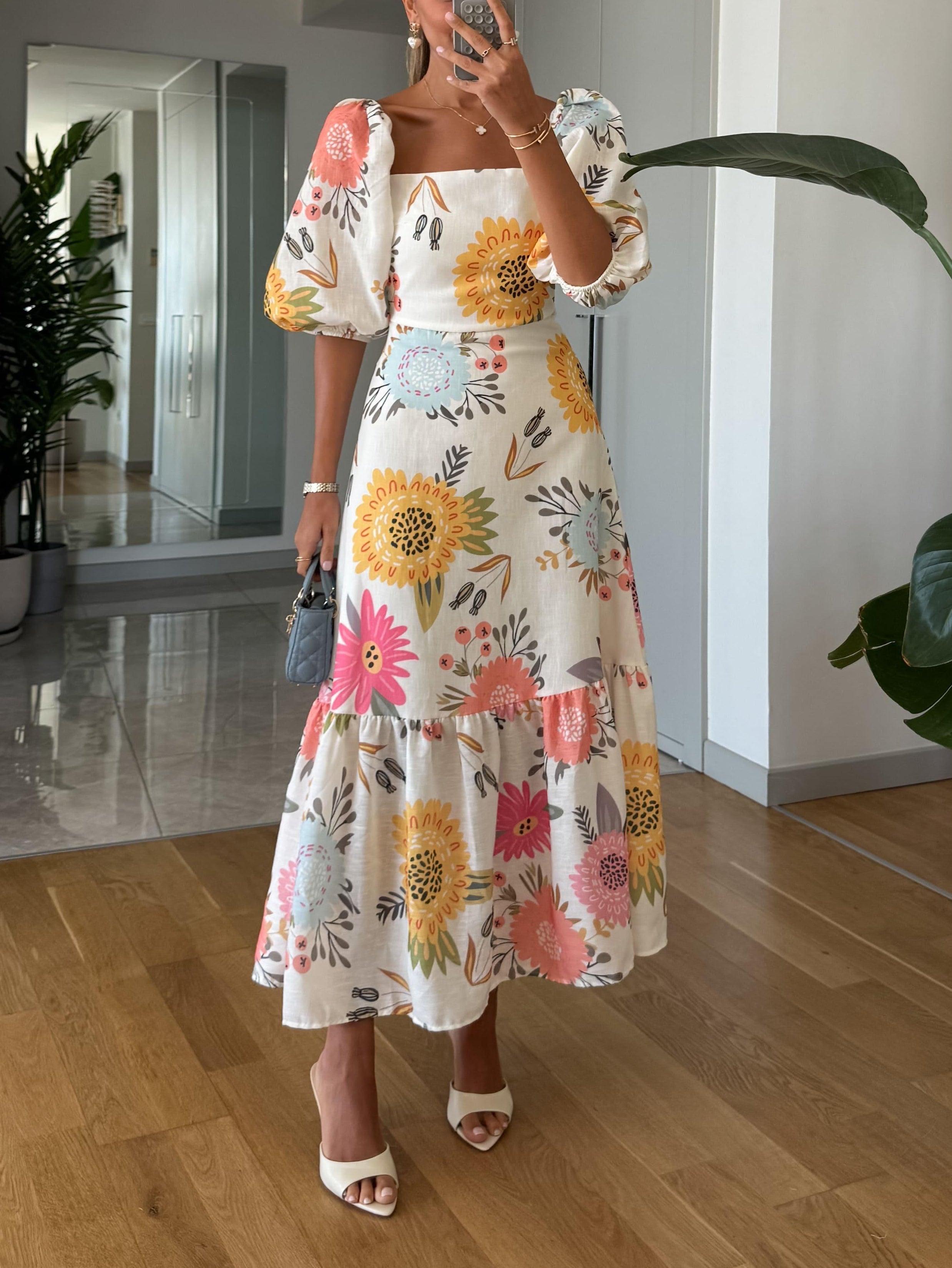 Floral A-Line Midi Dress – Square Neckline – Puff Sleeves – Tie Waist