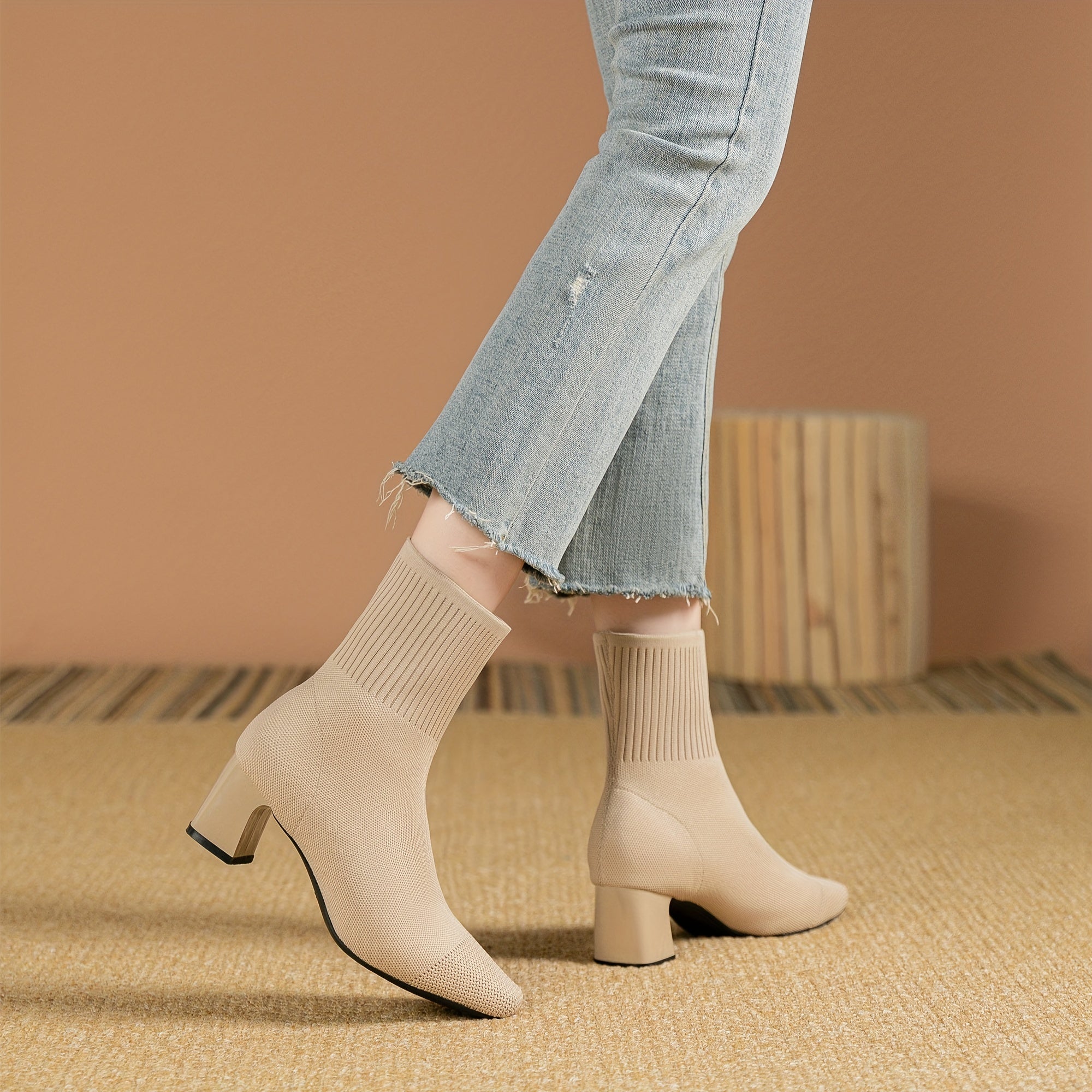 Stretch Knit Ankle Boots with Block Heel
