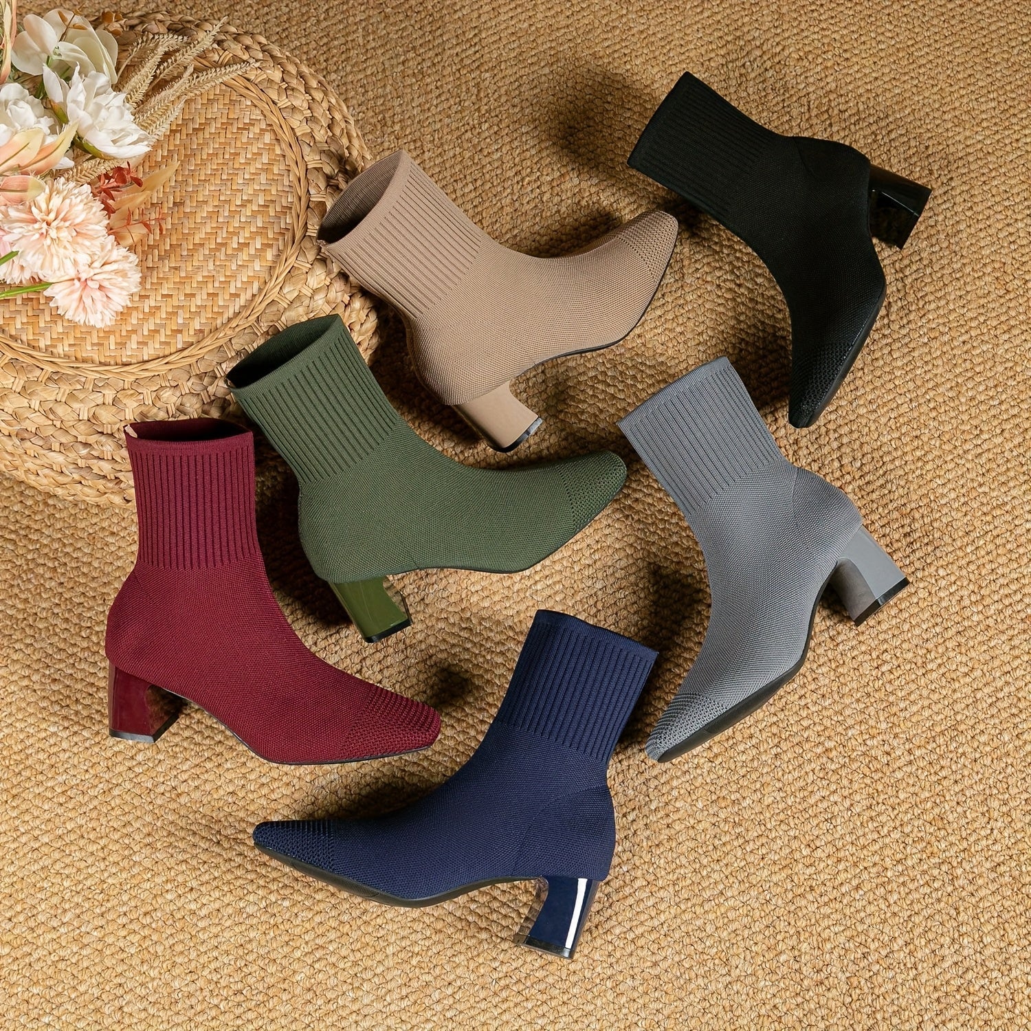 Stretch Knit Ankle Boots with Block Heel