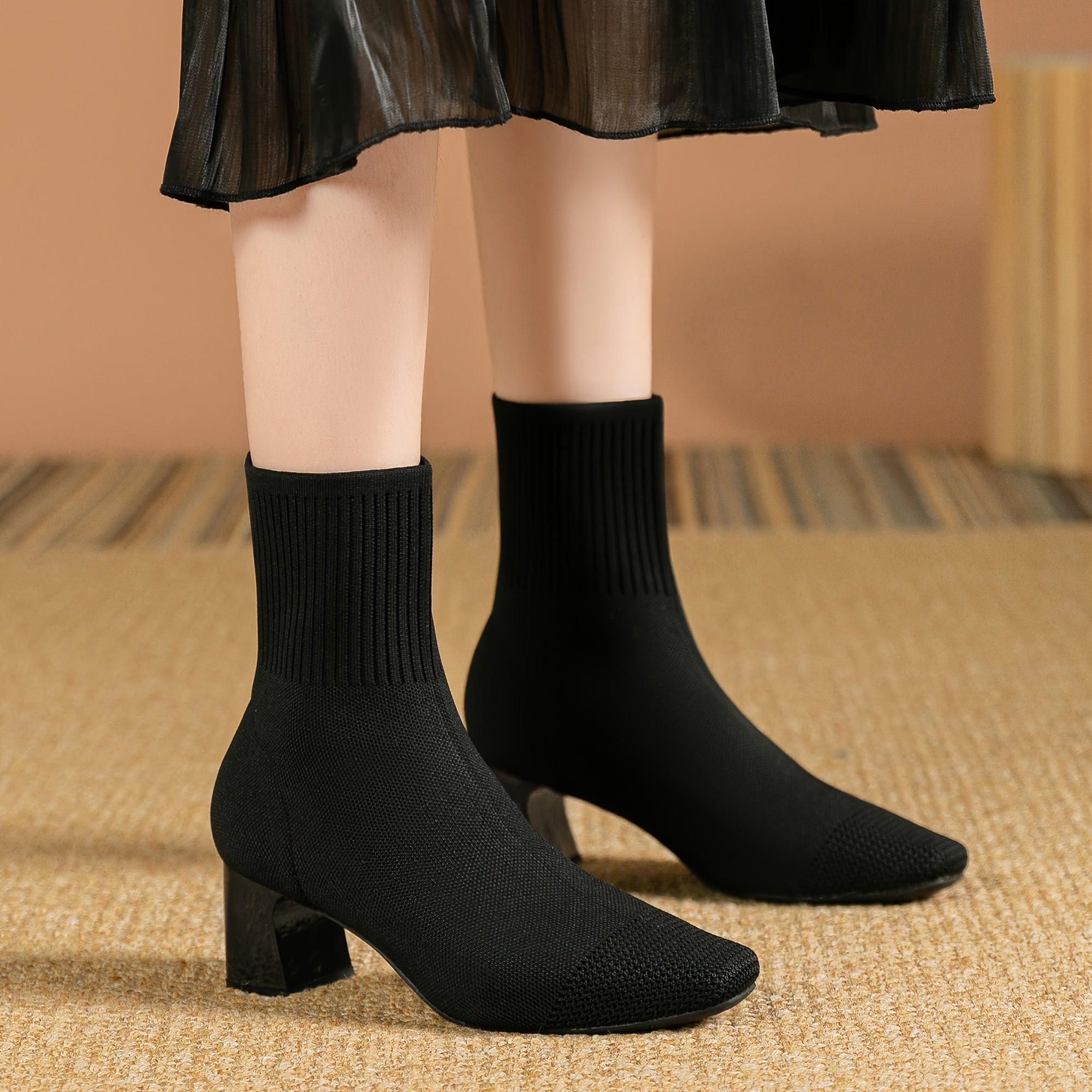 Stretch Knit Ankle Boots with Block Heel