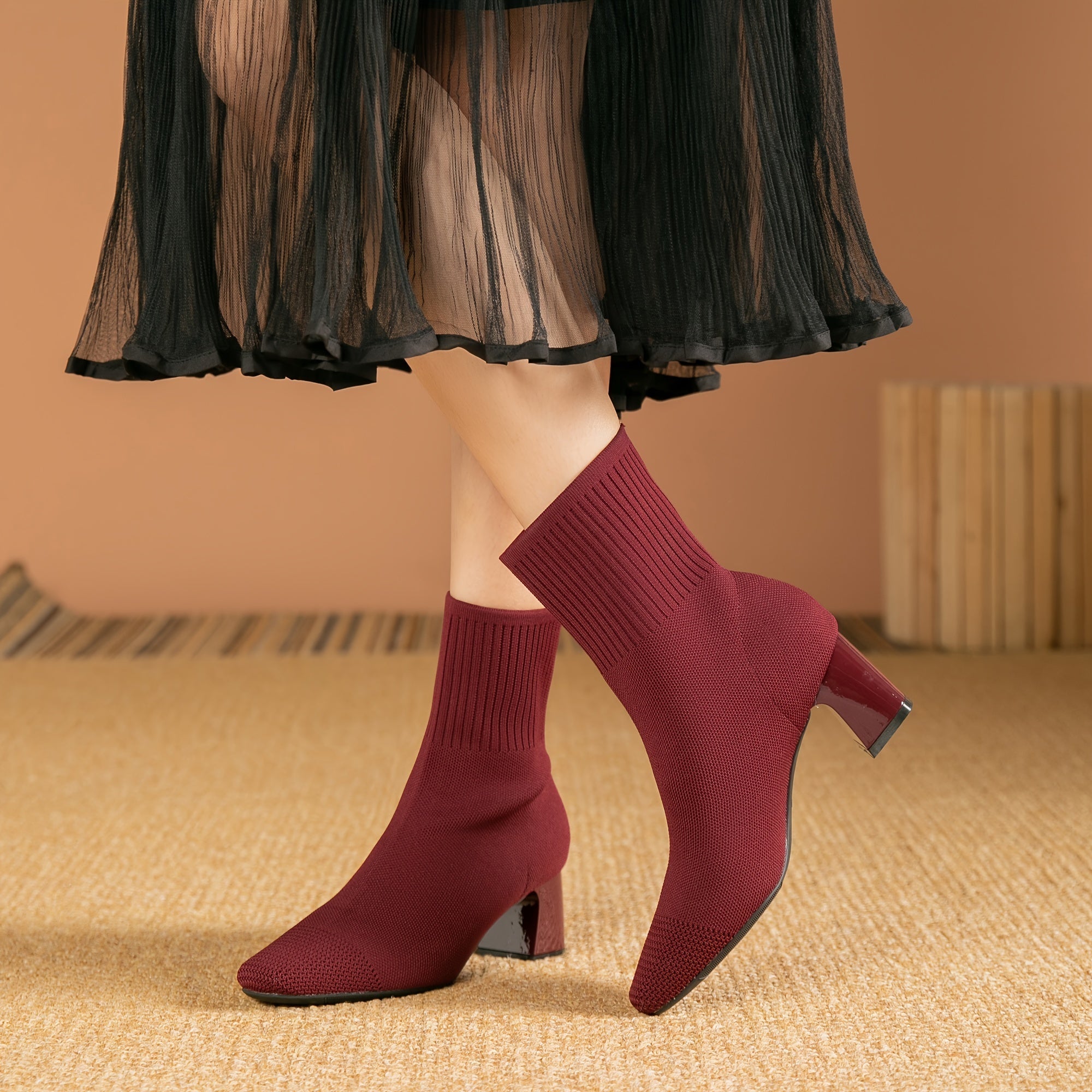 Stretch Knit Ankle Boots with Block Heel
