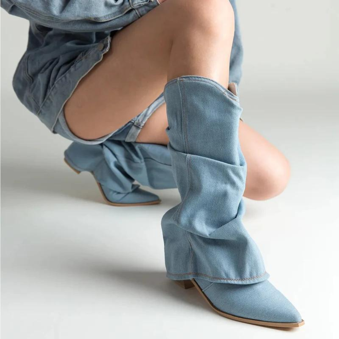 Pleated Pointed-Toe Tall Block Heel Boots