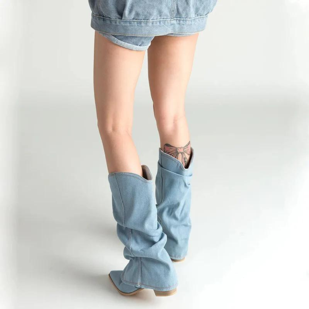 Pleated Pointed-Toe Tall Block Heel Boots