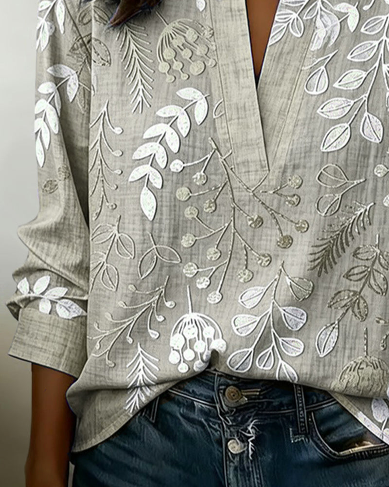 Floral Print V-Neck Blouse with Short Sleeves