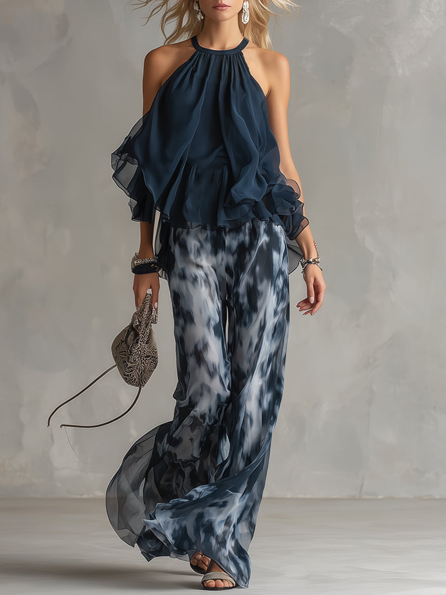 High-Neck Blouse and Printed Wide-Leg Trousers Set